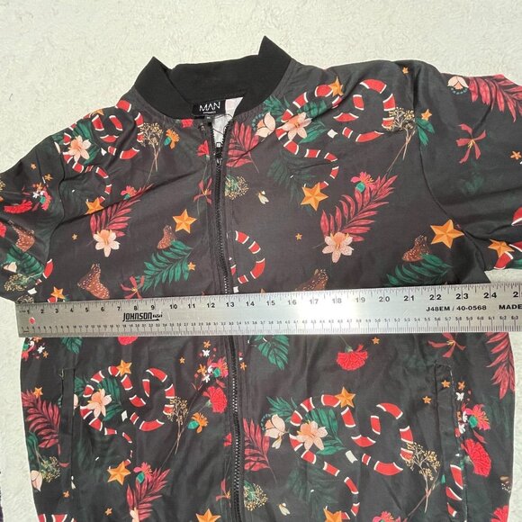 BoohooMan Womens Full Zip Jacket XL Star Floral Print Black Christmas Holiday - Picture 6 of 9